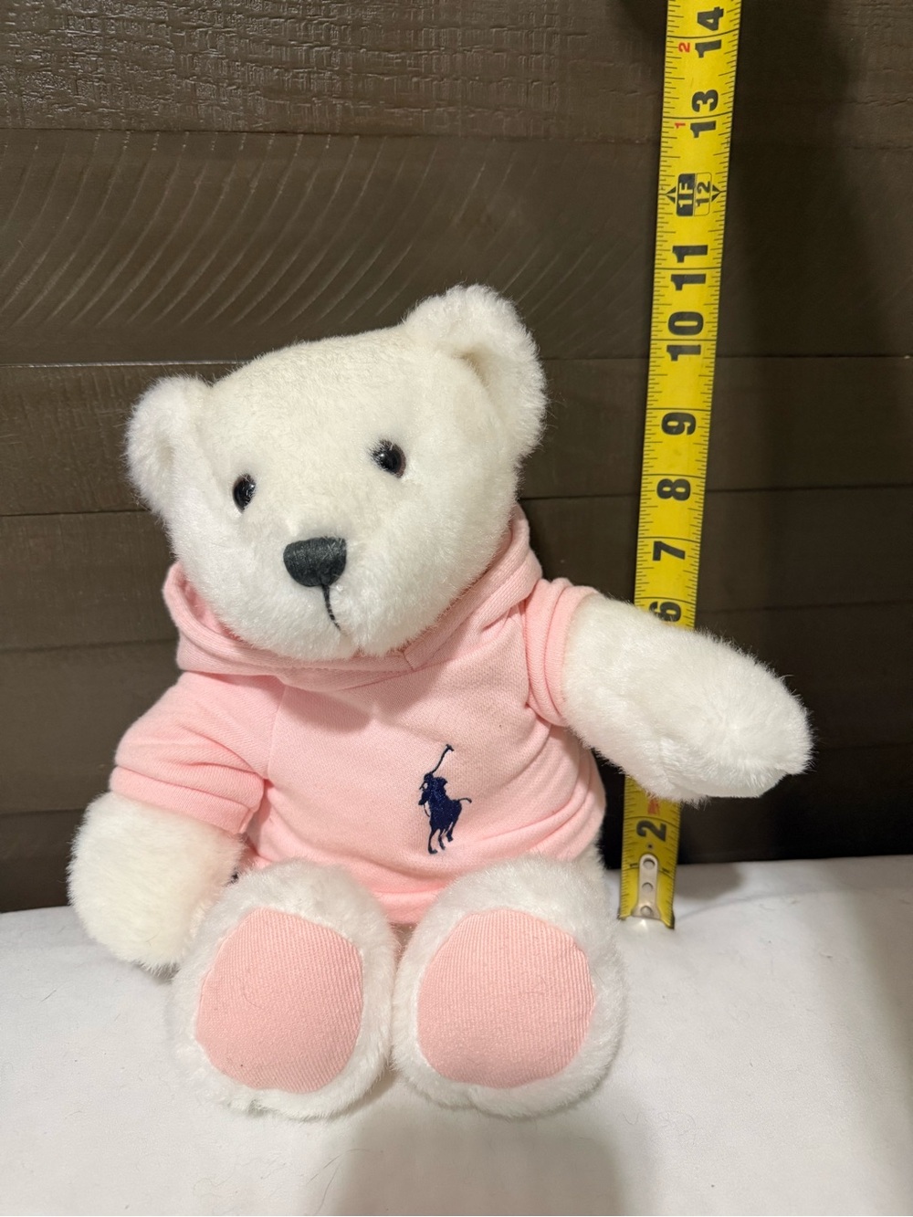 Ralph Lauren White Plush Bear in Light Pink Hoodie with Navy Pony